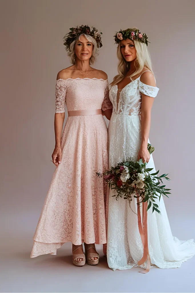 Modern Boho Blush Off-the-Shoulder Lace A-Line Mother of the Bride Dress