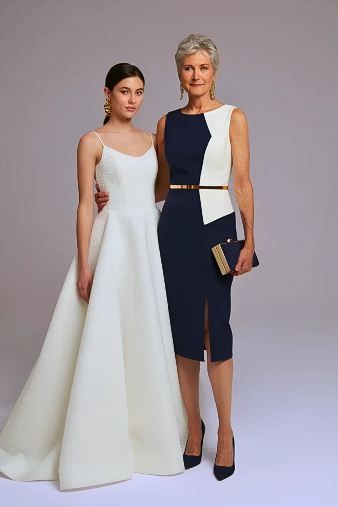 Modern Color-Block Navy, Ivory and Gold Sheath Mother of the Bride Dress