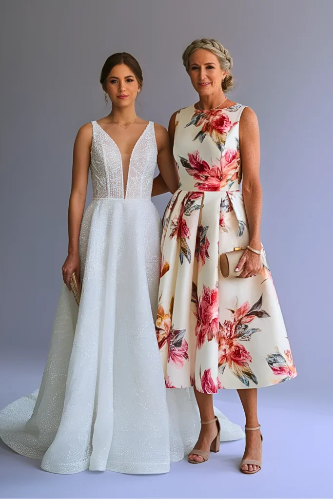 Modern Floral Print Mikado A-Line Mother of the Bride Dress with Pockets