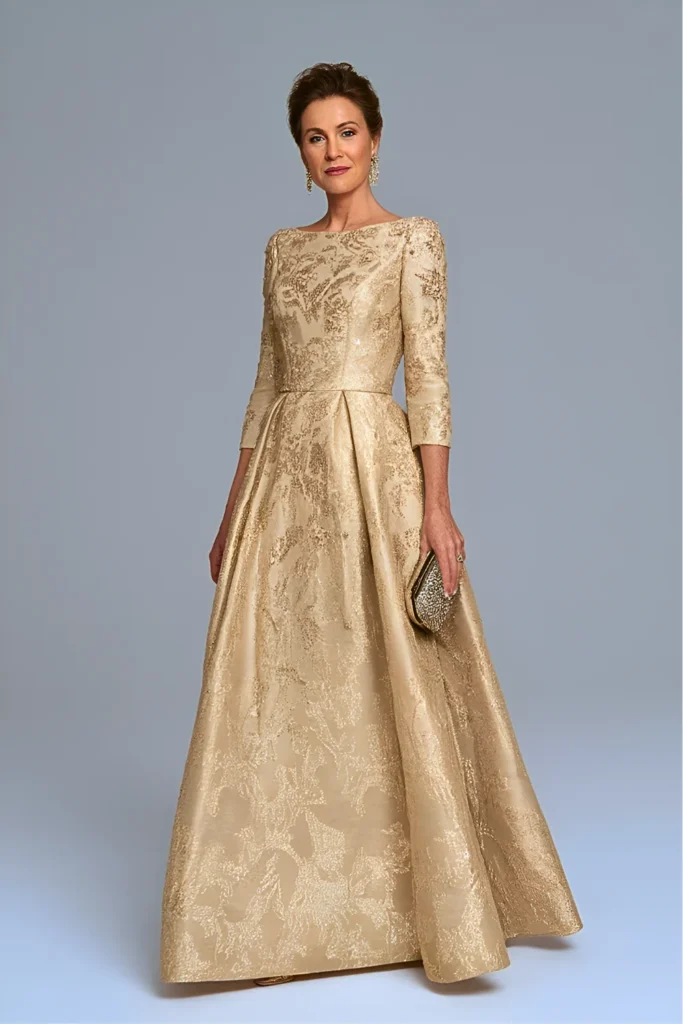 Modern Formal Embroidered Metallic Gold Jacquard Maxi Mother of the Bride Dress