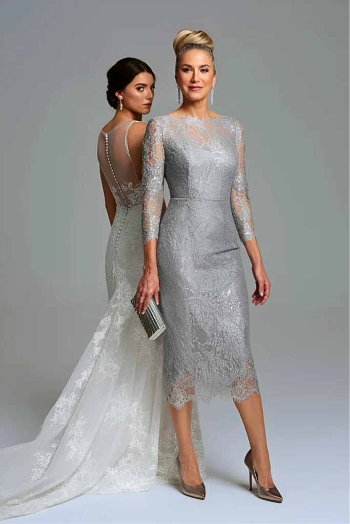 Modern Metallic Silver Sequin Lace Sheath Mother of the Bride Dress with Illusion Back