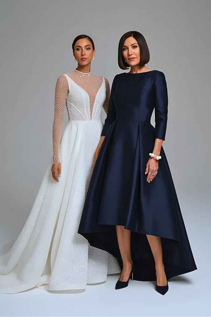 Modern Minimalist Navy Mikado High-Low Mother of the Bride Dress with Pockets