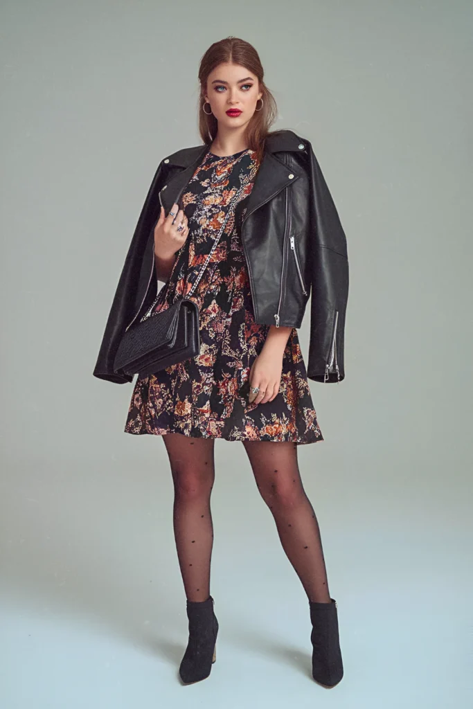 NYC Rocker Chic Leather Moto Jacket and Floral Dress Spring Outfit