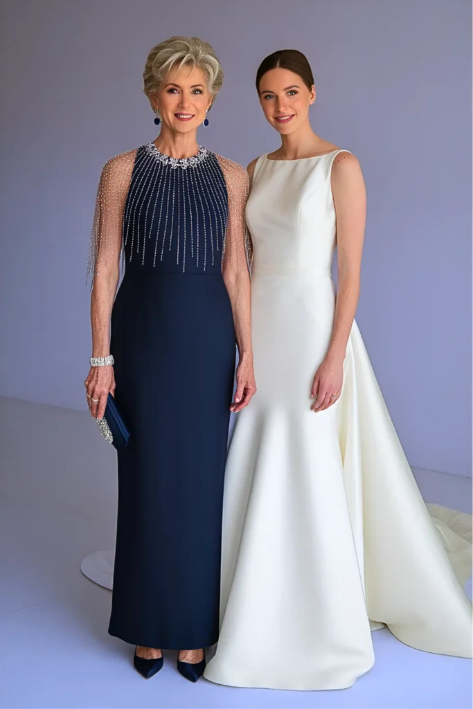 Navy Crystal Cape Mother of the Bride Dress