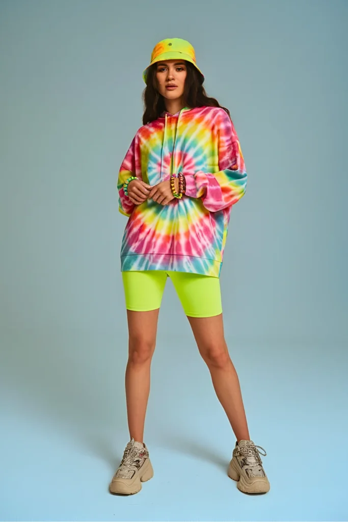 Neon Biker Shorts and Tie-Dye Hoodie Athleisure Spring Ensemble (2)