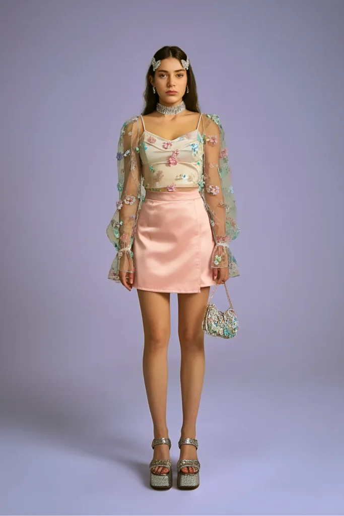 Sheer Floral Blouse and Satin Mini Skirt Girly Outfit