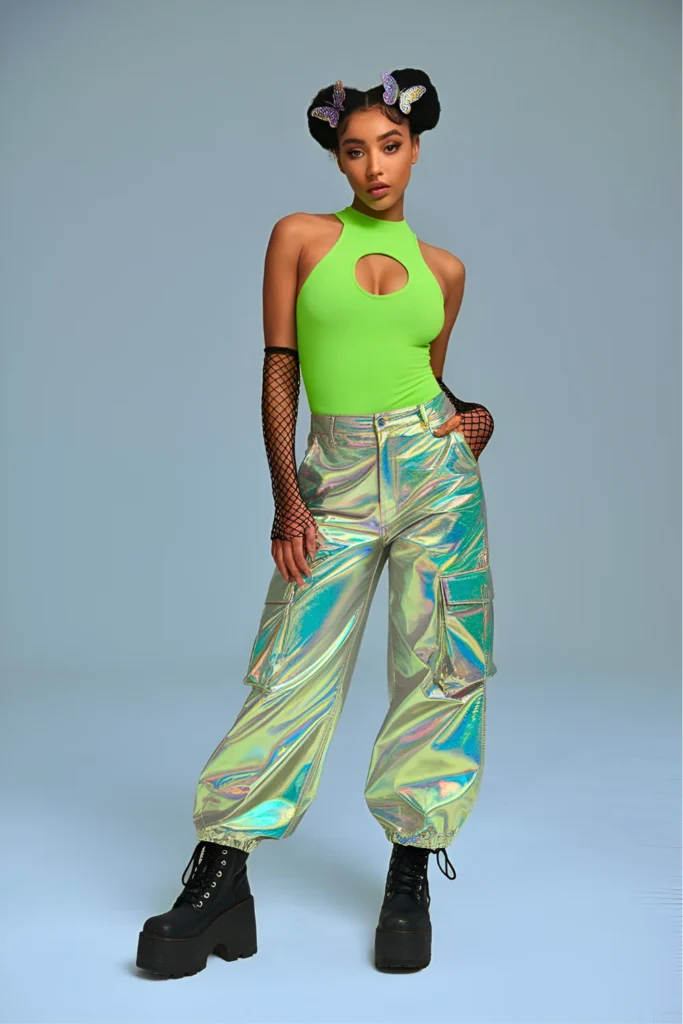 Neon Cut-Out Bodysuit and Holographic Cargo Pants Rave Spring Outfit