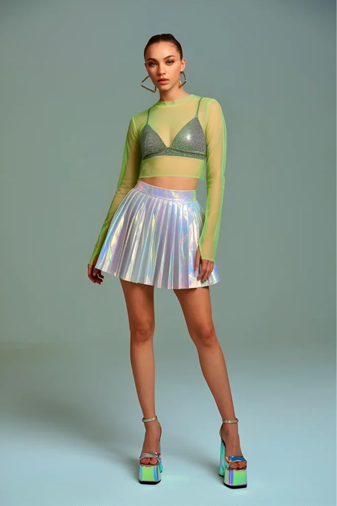 Neon Green Mesh Top and Holographic Pleated Mini Skirt Party Spring Look