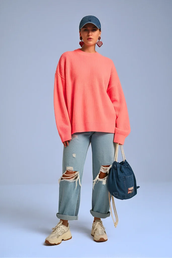 Neon Pink Sweater and Distressed Boyfriend Jeans Spring Outfit