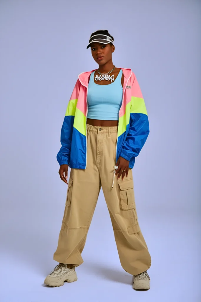 Neon Windbreaker and Baggy Cargo Pants Athleisure Spring Outfit