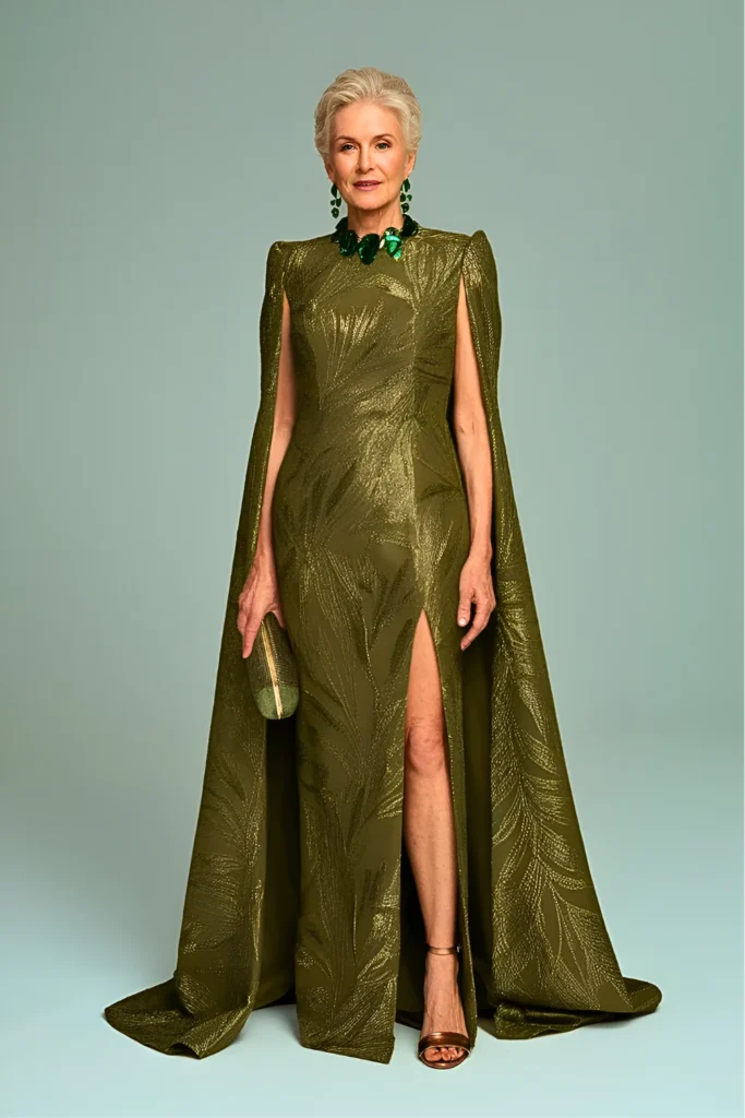 Olive Metallic Jacquard Mother of the Bride Dress