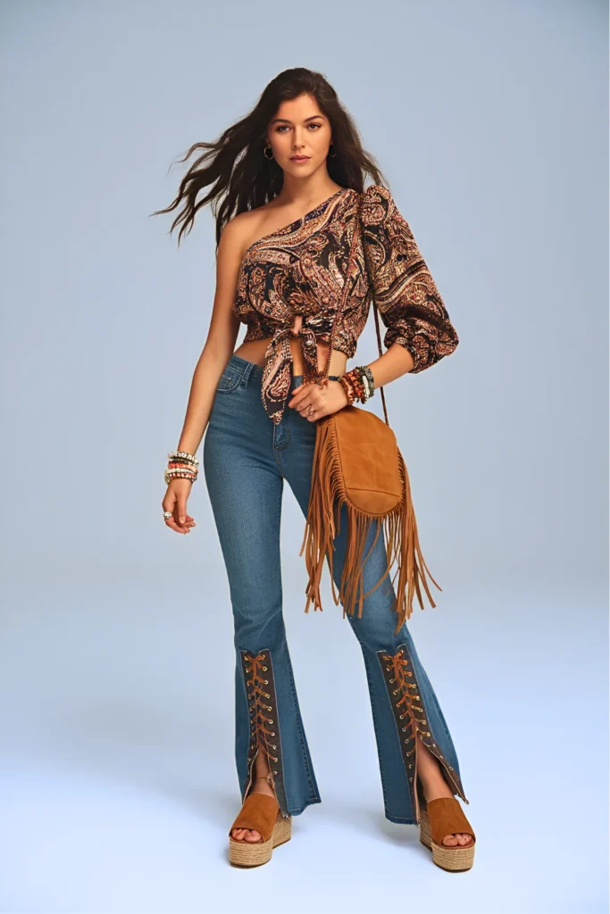 One-Shoulder Printed Top and Lace-Up Flared Jeans Boho Spring Ensemble