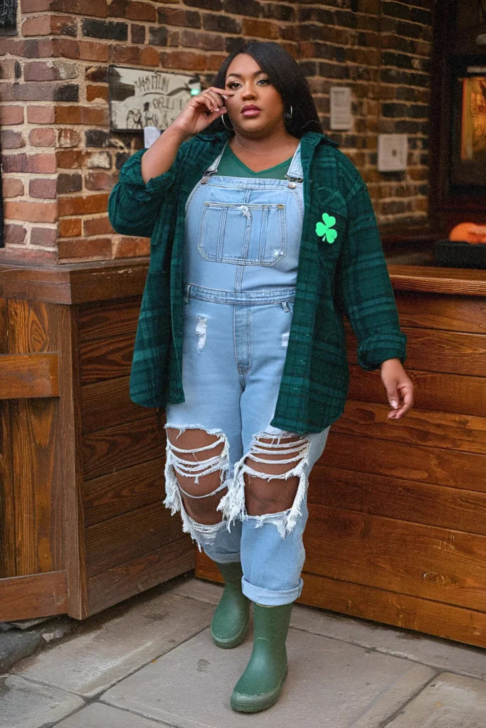 Oversized Flannel Shirt with Distressed Denim Overalls