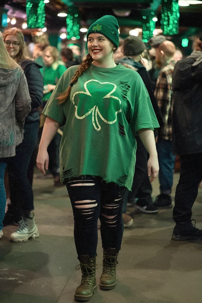 Oversized Shamrock Graphic Tee with Distressed Black Jeans