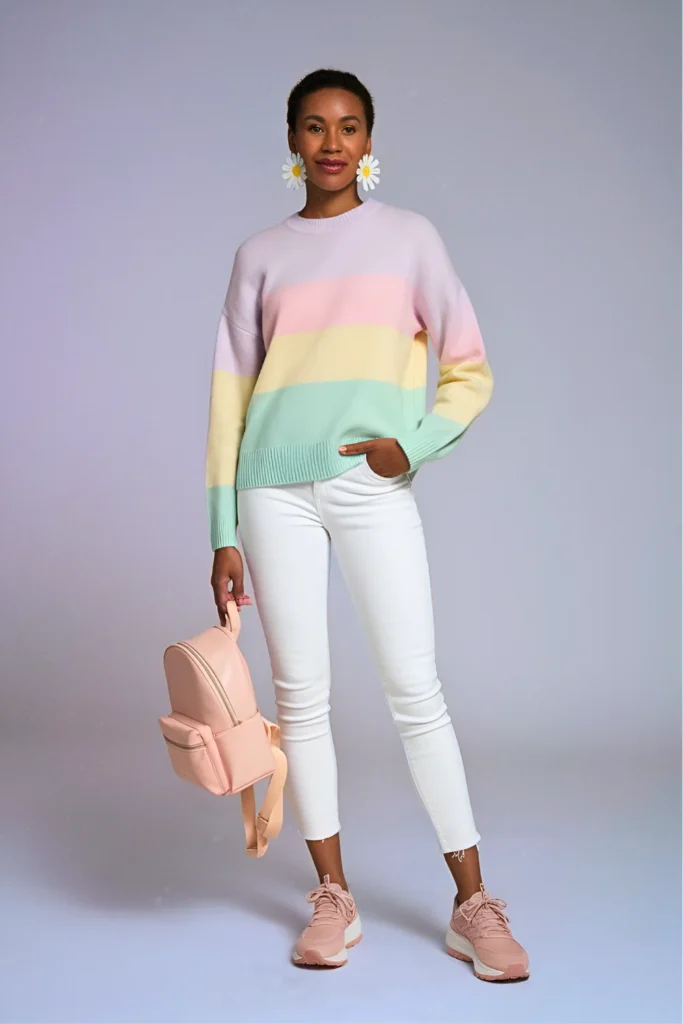 Pastel Color Block Sweater and White Ankle Jeans Spring Outfit