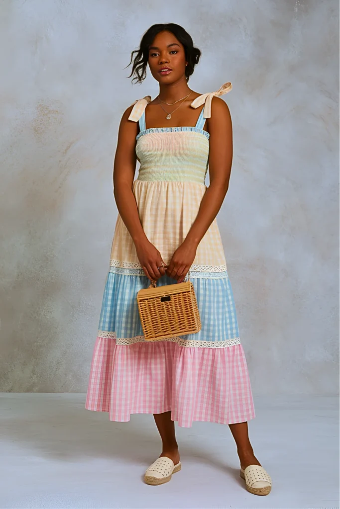 Pastel Gingham Tie-Strap Smocked Midi Sundress with Eyelet Lace Trim Easter Outfit