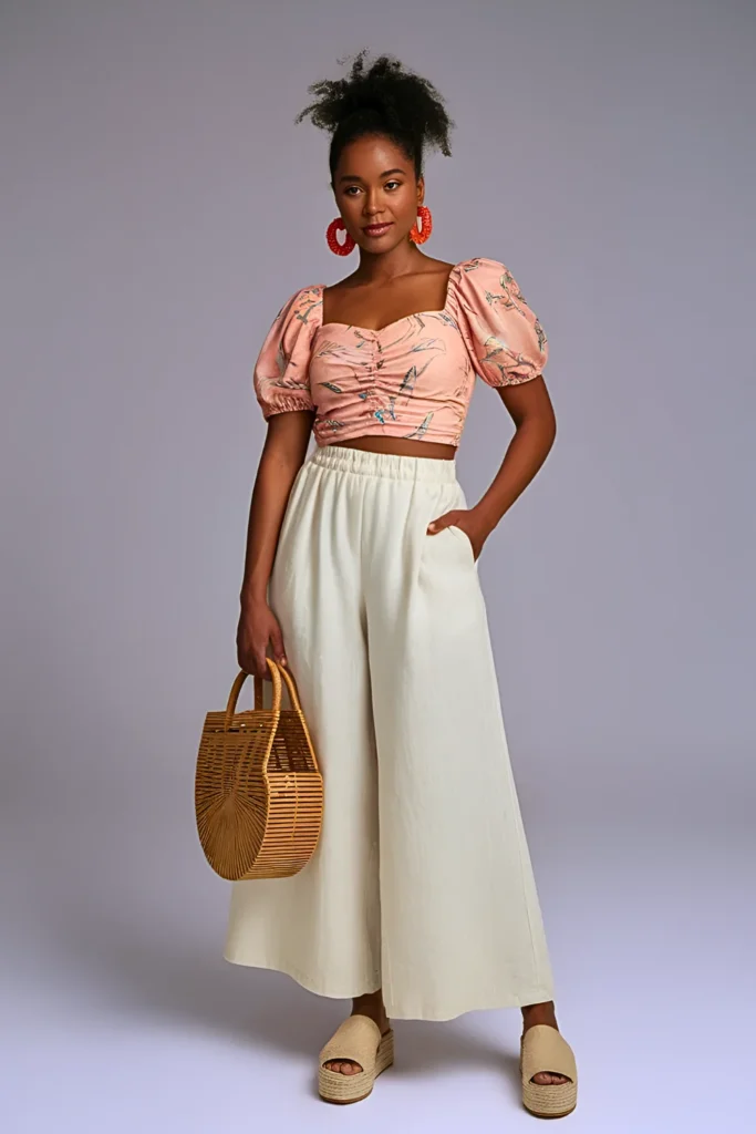 Peach Floral Ruched Puff Sleeve Crop Top with Ivory High-Waisted Linen Pants Easter Outfit