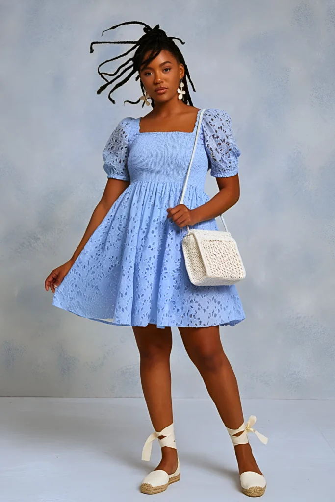 Periwinkle Blue Floral Embroidered Eyelet Babydoll Dress Easter Outfit