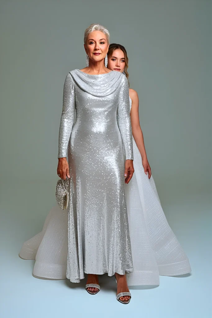 Platinum Liquid Sequin Mother of the Bride Dress