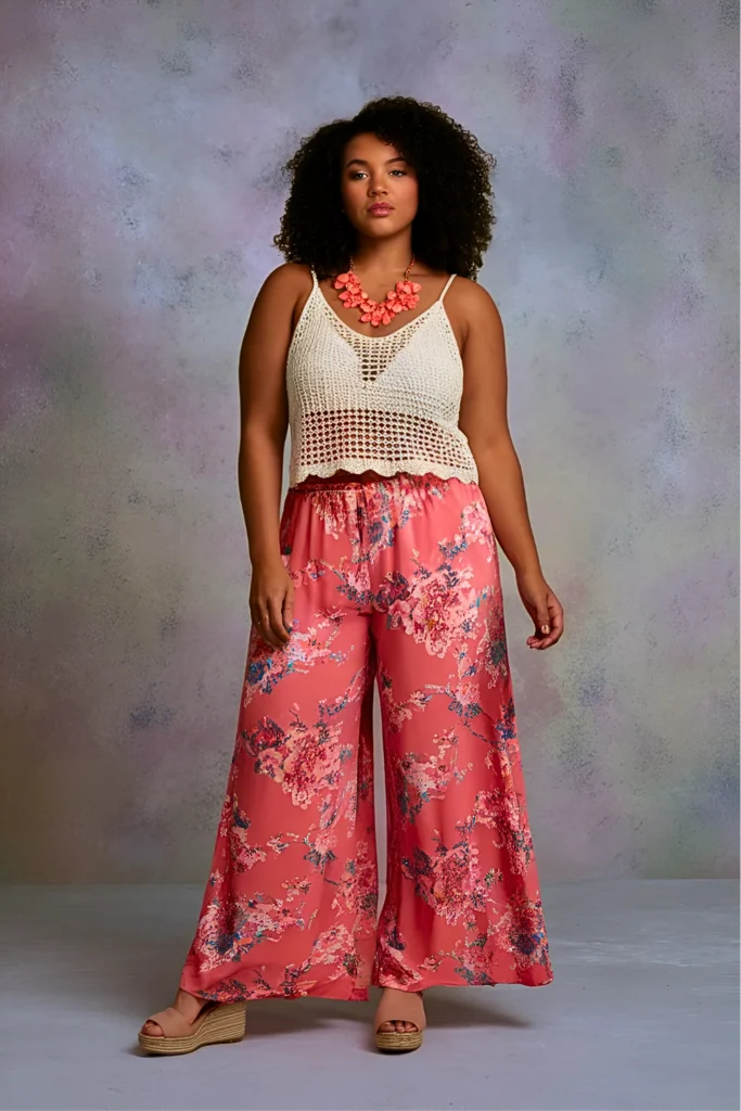 Plus Size Coral Floral Print Palazzo Pants with White Crochet Top Easter Outfit