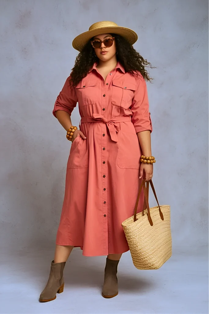 Plus Size Coral Safari Shirt Dress Easter Outfit