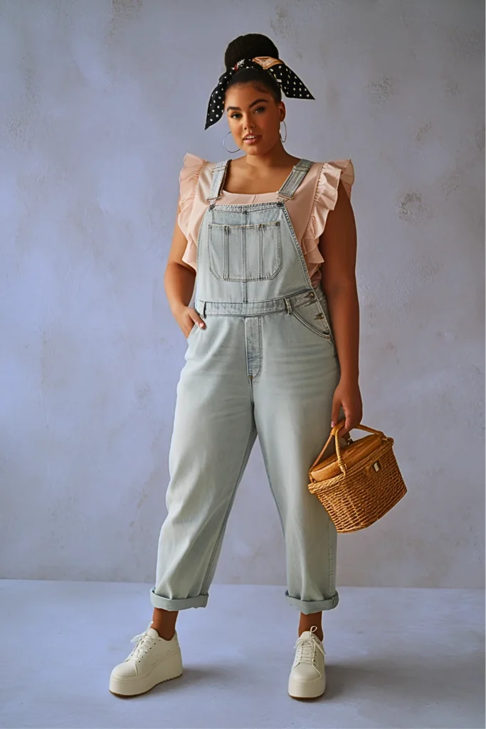 Plus Size Denim Overalls & Ruffle Sleeve Blouse Easter Outfit