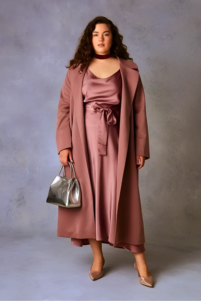 Plus Size Dusty Rose Wrap Coat & Slip Dress Easter Outfit