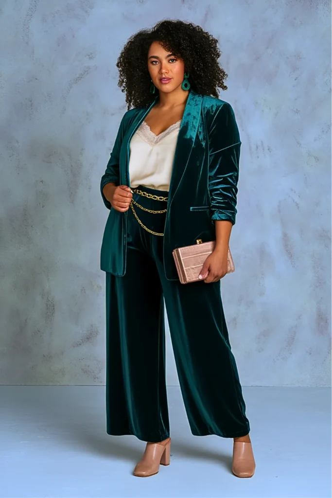 Plus Size Emerald Velvet Blazer & Wide-Leg Pants Easter Outfit