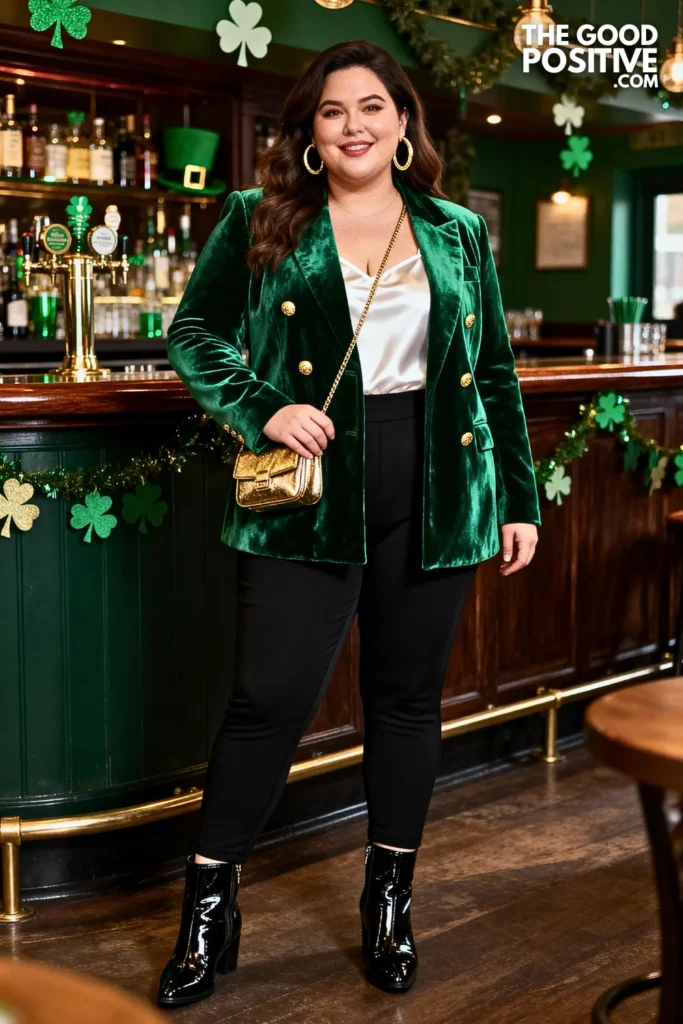 Plus Size Emerald Velvet Blazer With Gold Button Detail Outfit