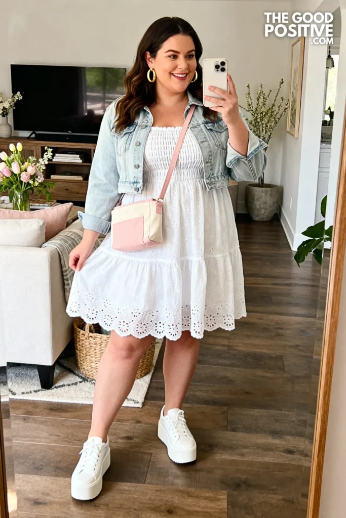Plus Size Eyelet Cotton Sundress With Denim Jacket Easter Outfit