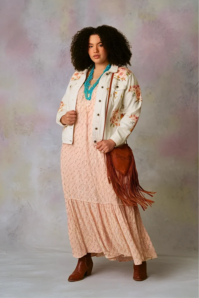 Plus Size Floral Embroidered Denim Jacket with Peach Maxi Dress Easter Outfit