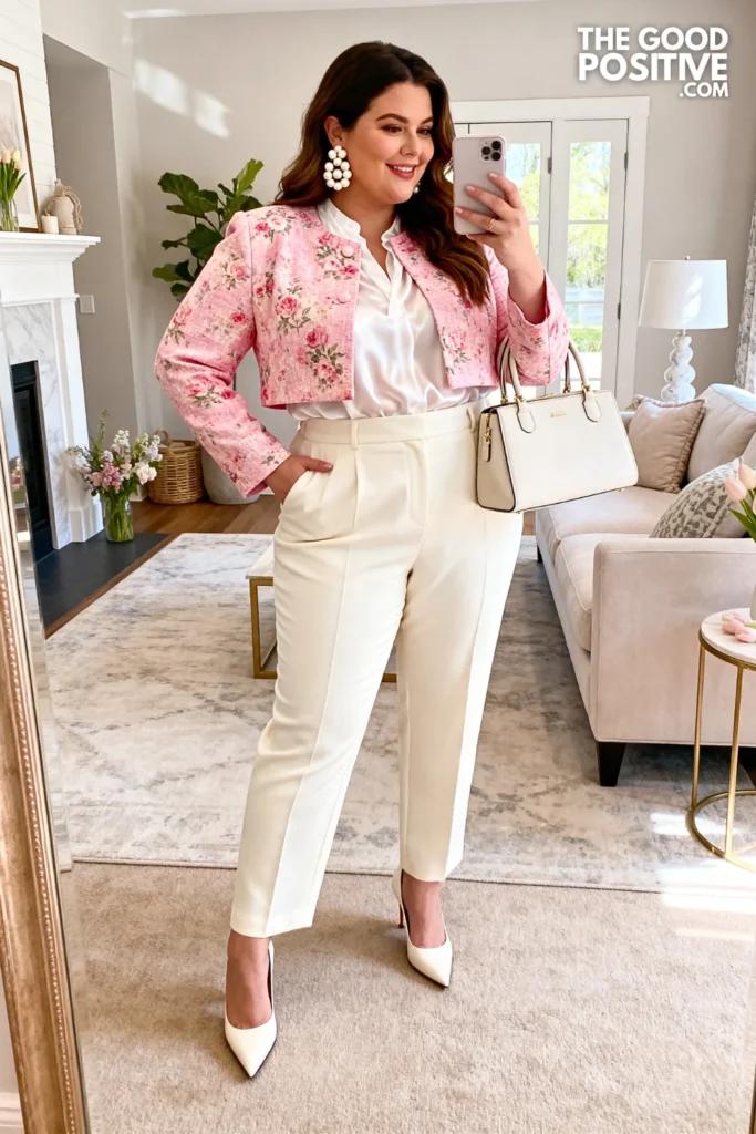 Plus Size Floral Jacquard Cropped Jacket With Straight Leg Trousers Easter Outfit