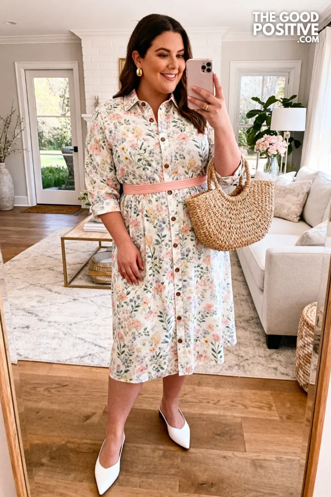 Plus Size Floral Printed Shirt Dress With Belted Waist Easter Outfit