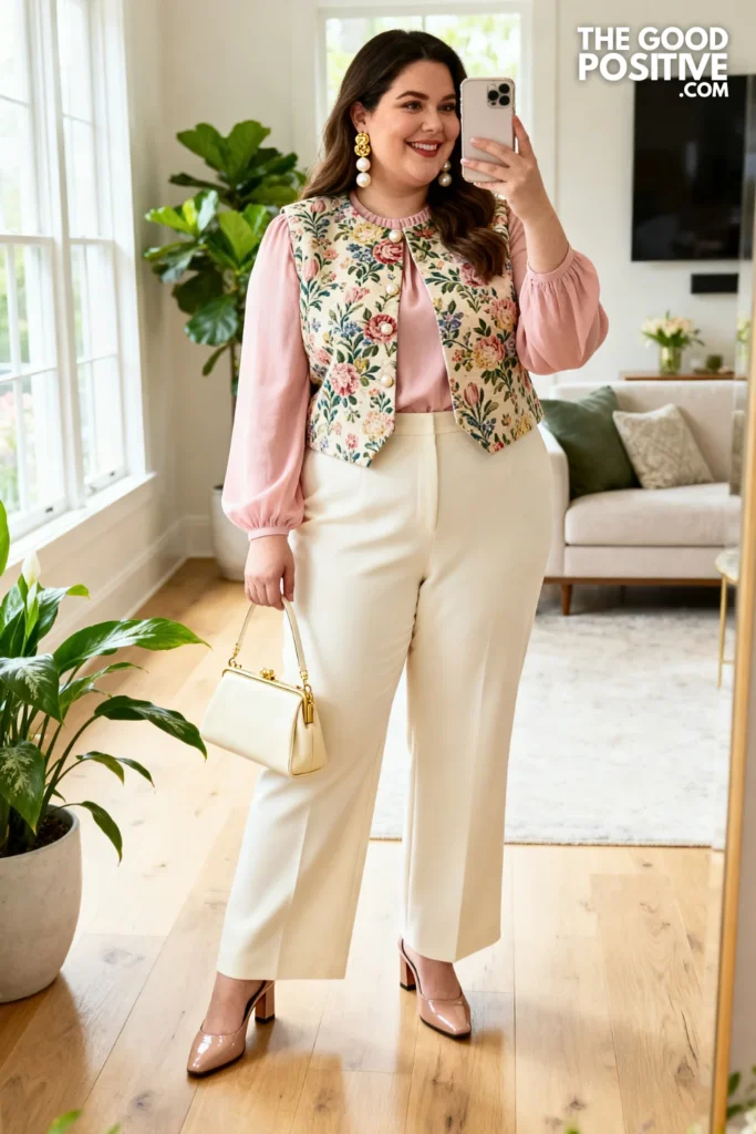 Plus Size Floral Tapestry Vest Over Soft Blouse With Tailored Trousers Easter Outfit