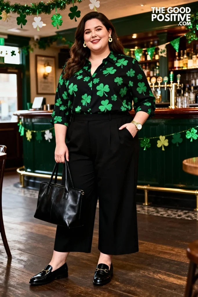 Plus Size Green Floral Print Blouse With Black Trousers Outfit