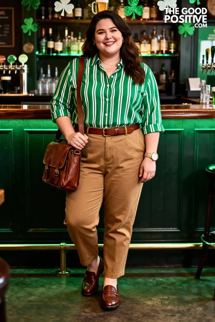 Plus Size Green Striped Button-Up With Tan Chinos Outfit