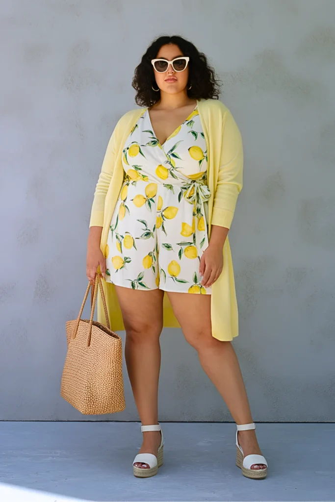 Plus Size Lemon Print Wrap Romper with Yellow Cardigan Easter Outfit