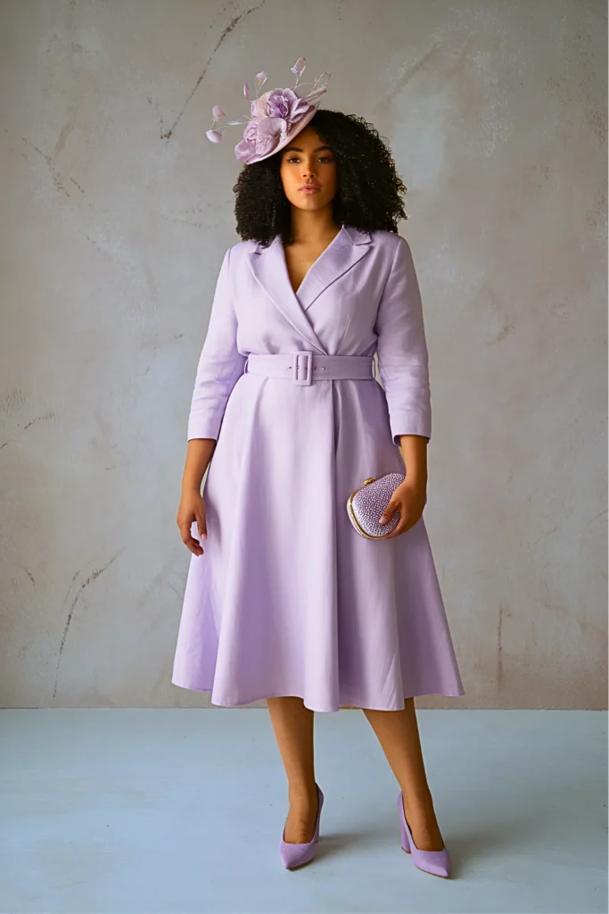 Plus Size Lilac Linen Blazer Dress with Lavender Accessories Easter Outfit