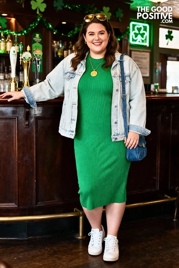 Plus Size Lime Green Knit Dress With Denim Jacket Outfit