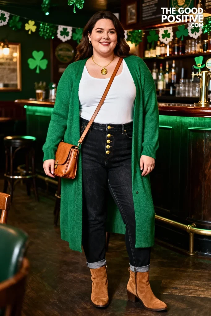 Plus Size Mint Green Cardigan With Gold Button Jeans Outfit