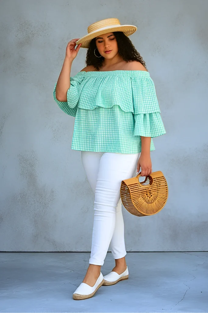 Plus Size Mint Green Gingham Off-the-Shoulder Top with White Skinny Jeans Easter Outfit