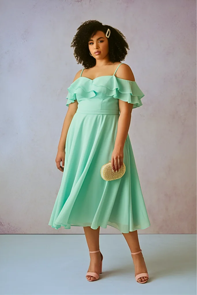 Plus Size Mint Green Off-the-Shoulder Ruffle Dress with Blush Accessories Easter Outfit