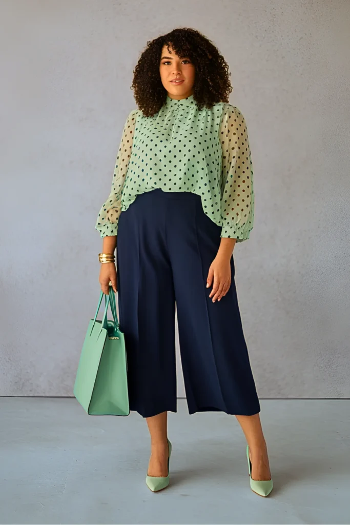 Plus Size Mint Green Polka Dot High-Low Hem Blouse with Navy Culottes Easter Outfit