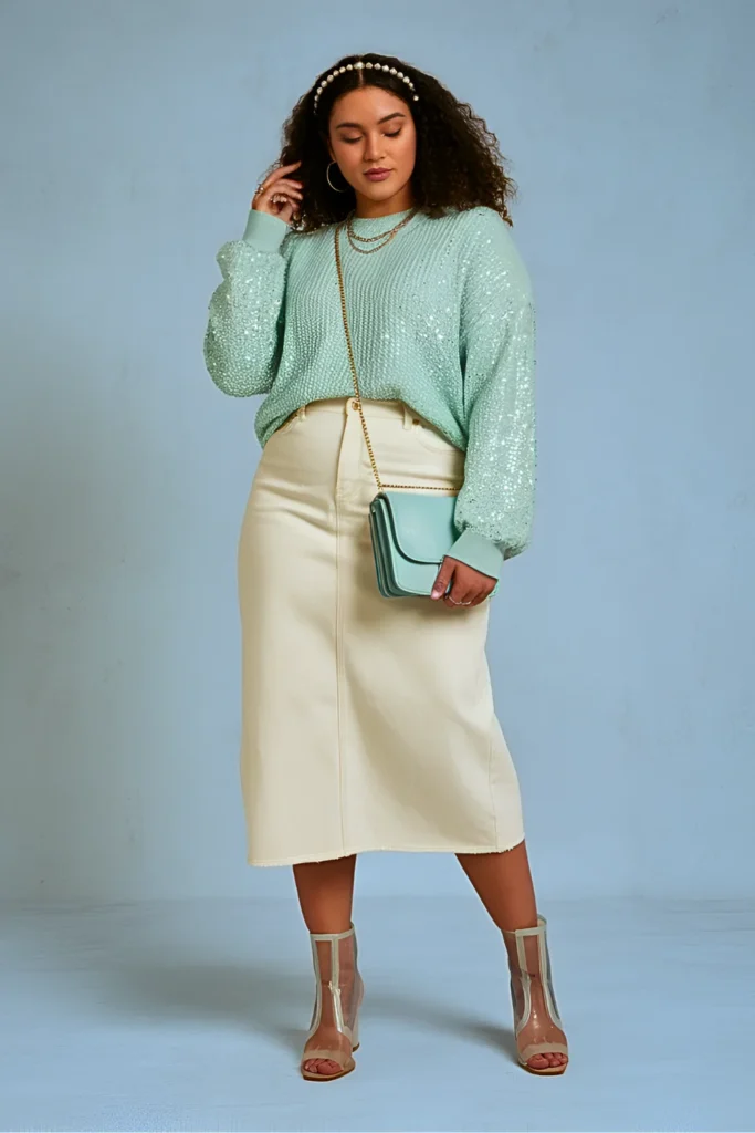 Plus Size Mint Sequin Sweater & Denim Skirt Easter Outfit