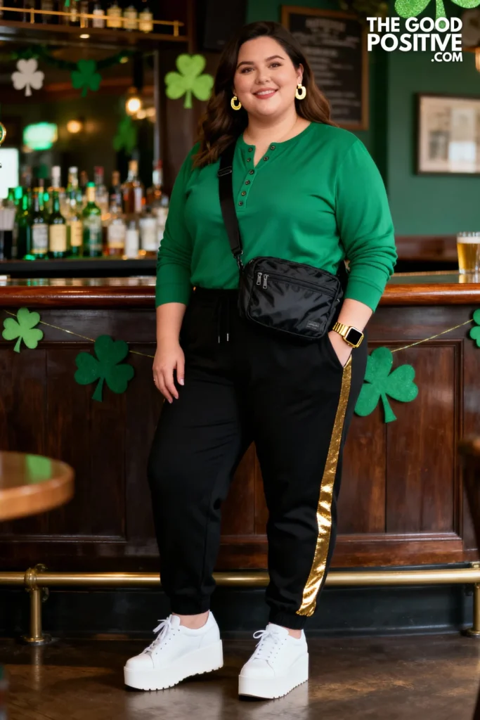 Plus Size Moss Green Henley With Gold Accent Joggers Outfit