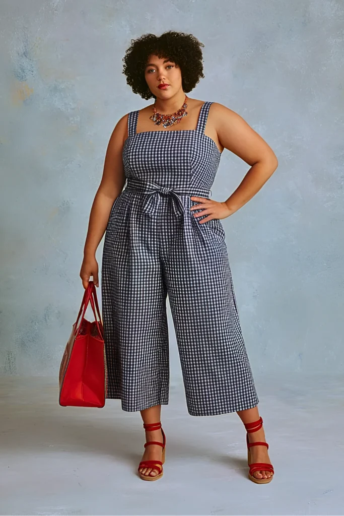 Plus Size Navy Gingham Belted Jumpsuit with Red Accessories Easter Outfit