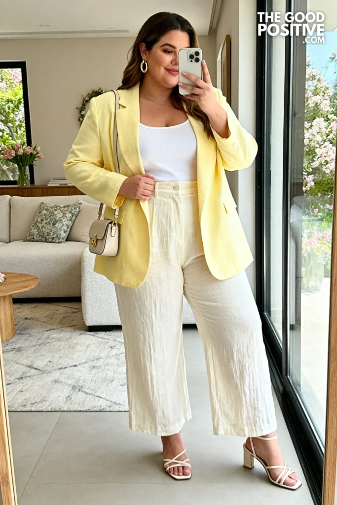 Plus Size Pastel Blazer With Wide-Leg Linen Pants Easter Outfit