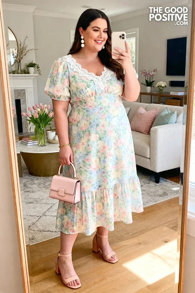 Plus Size Pastel Floral Midi Dress With Lace Trim Easter Outfit