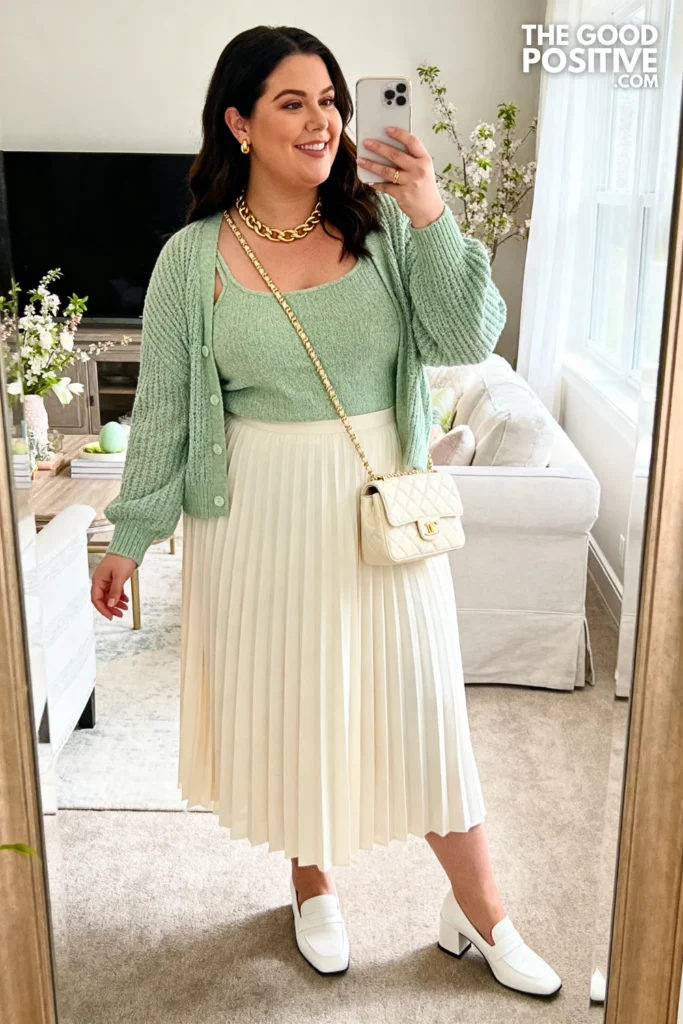 Plus Size Pastel Knit Cardigan Set With Pleated Skirt Easter Outfit