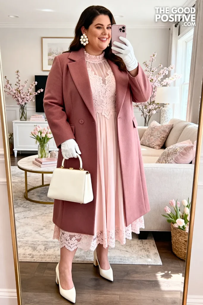 Plus Size Pastel Lace-Detail Church Dress With Tailored Coat Easter Outfit